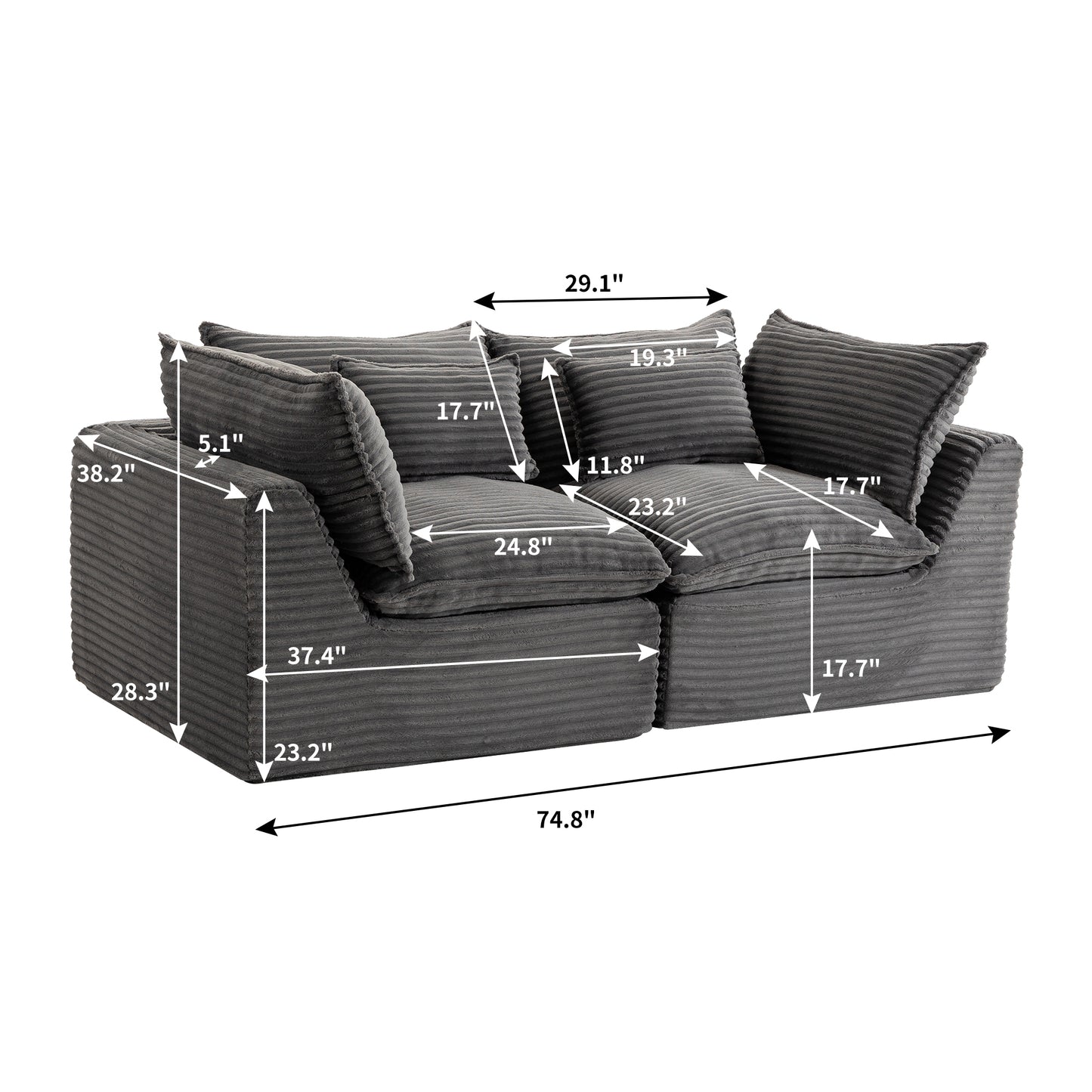 74.8" Wide Modular Sectional Sofa - Antique Grey Corduroy
