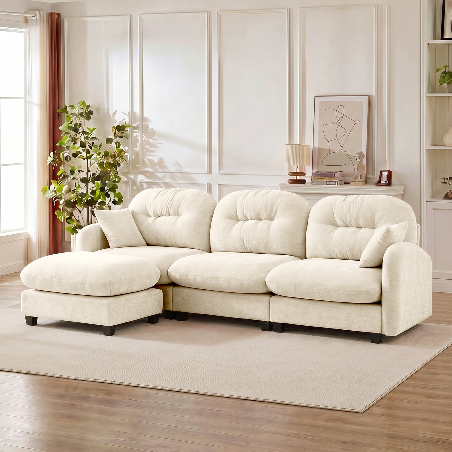 Modular L Shaped Sectional Couch with Ottoman - Beige Chenille