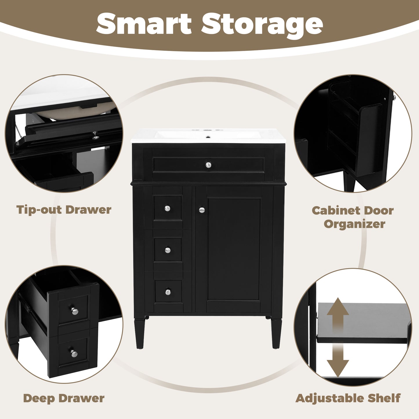 24-Inch Modern Bathroom Vanity with Sink and Storage - Black