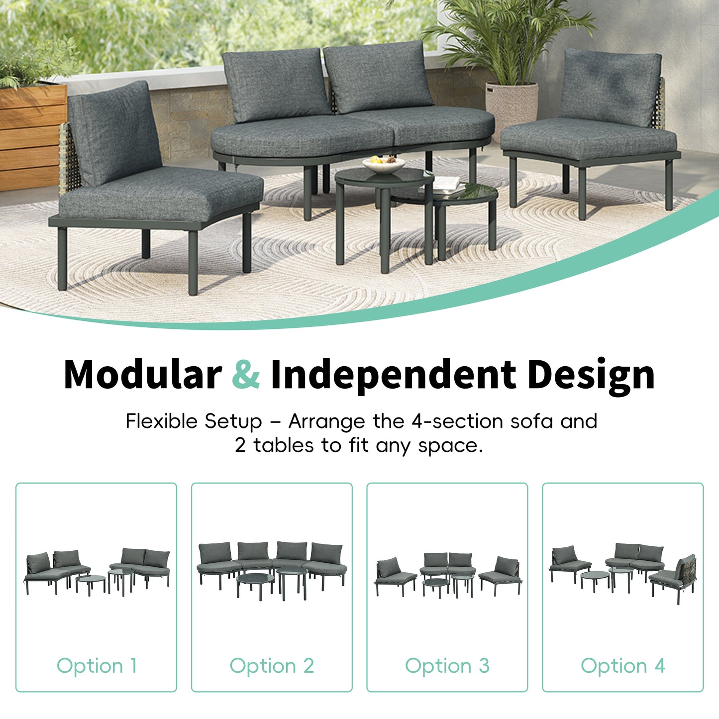 6-Piece Patio Sofa Set with Half Moon Sectional & Coffee Tables