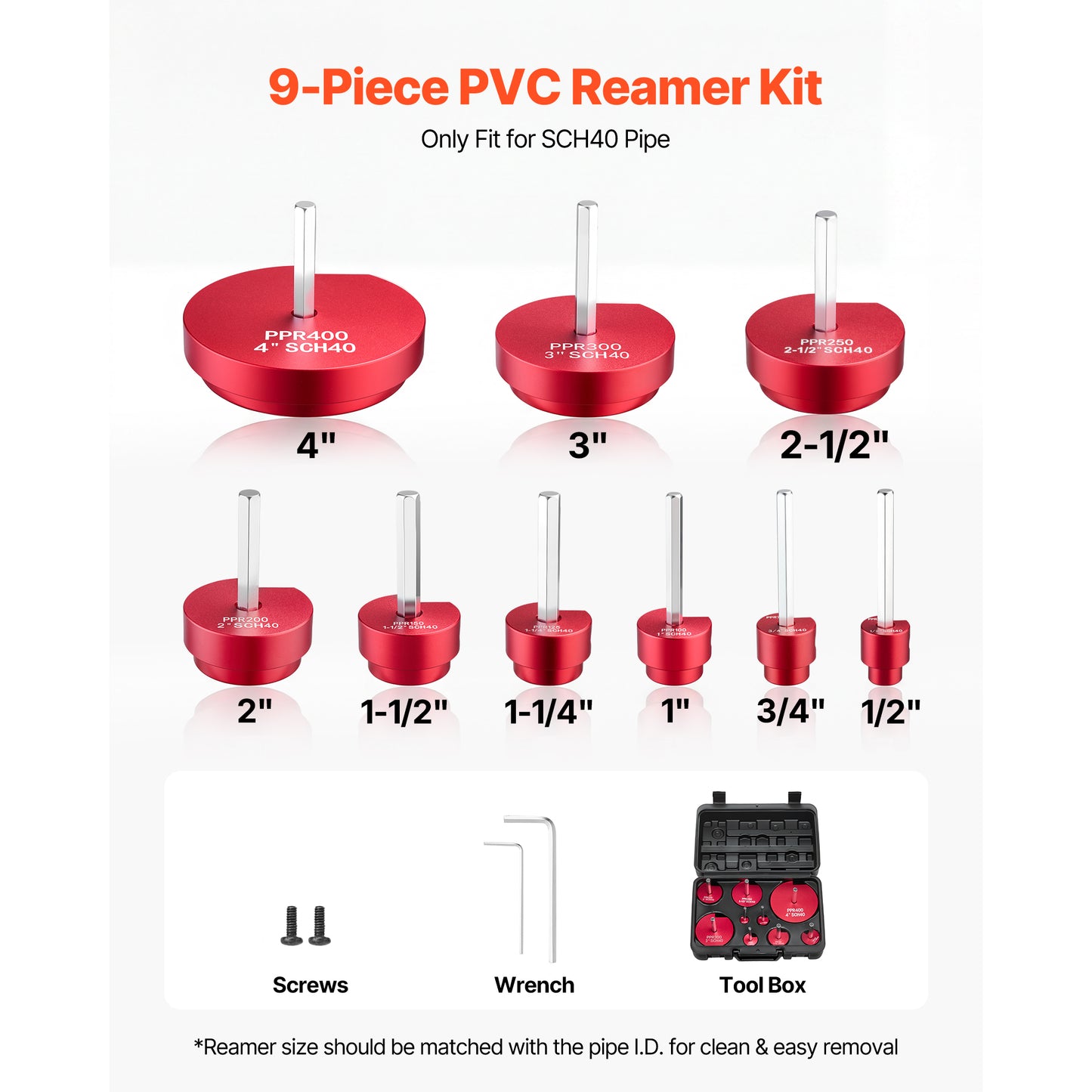 PVC Pipe Reamer Kit 9-Piece Plumbing Tool for Drain Pipes - Fits 1/2" to 4"