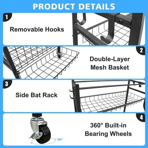 Garage Sports Equipment Storage Rack With Large Capacity, Wheeled,