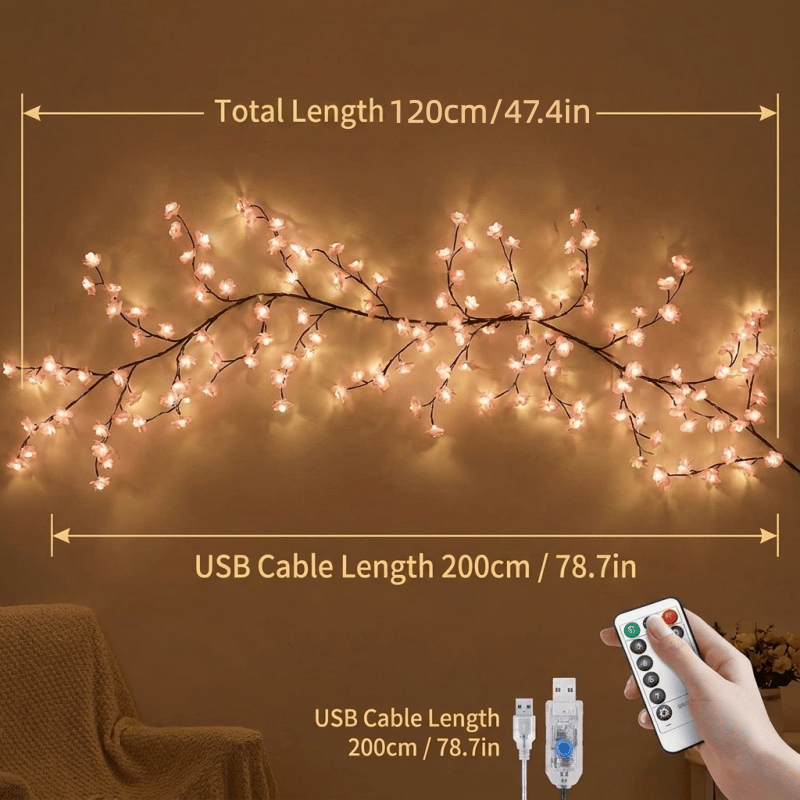 LED Cherry Blossom Wall Lights with Remote - 8 Modes, Flexible Branches, USB Power