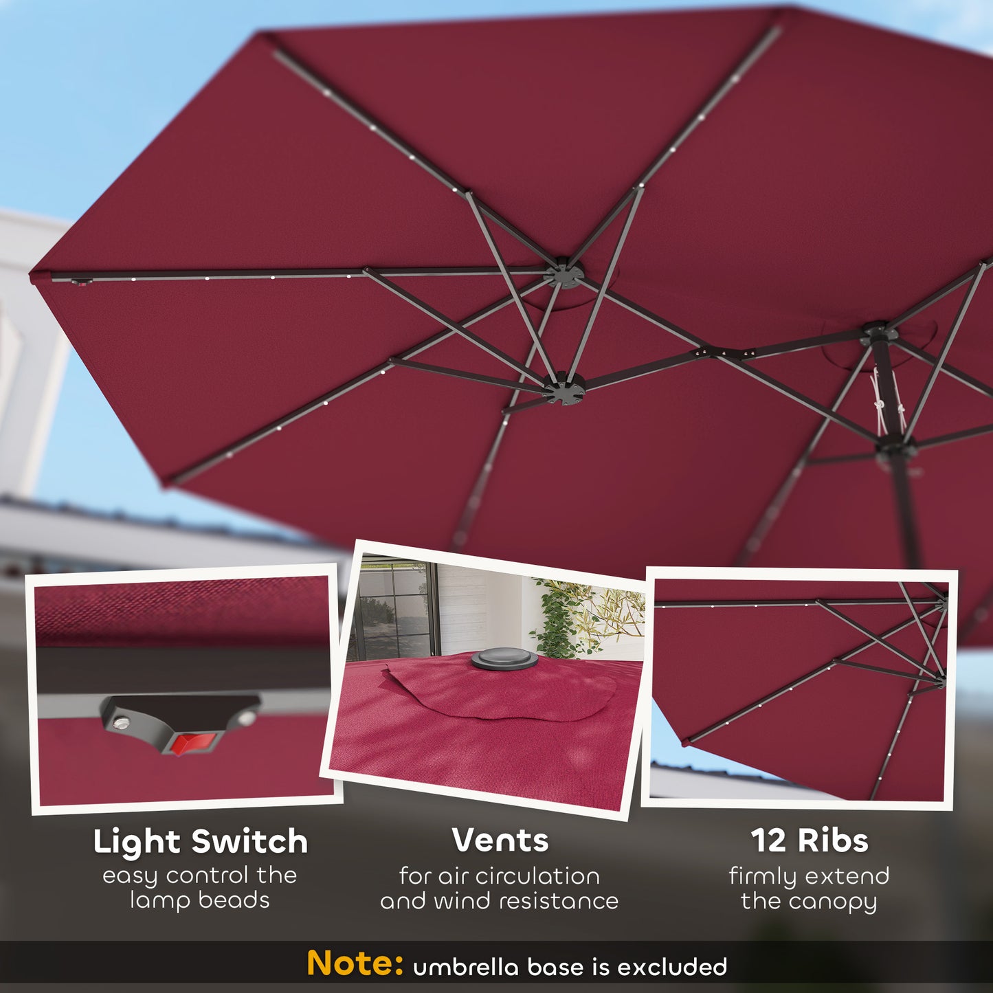 Double-Sided Patio Parasol with LED Solar Lights - Wine Red