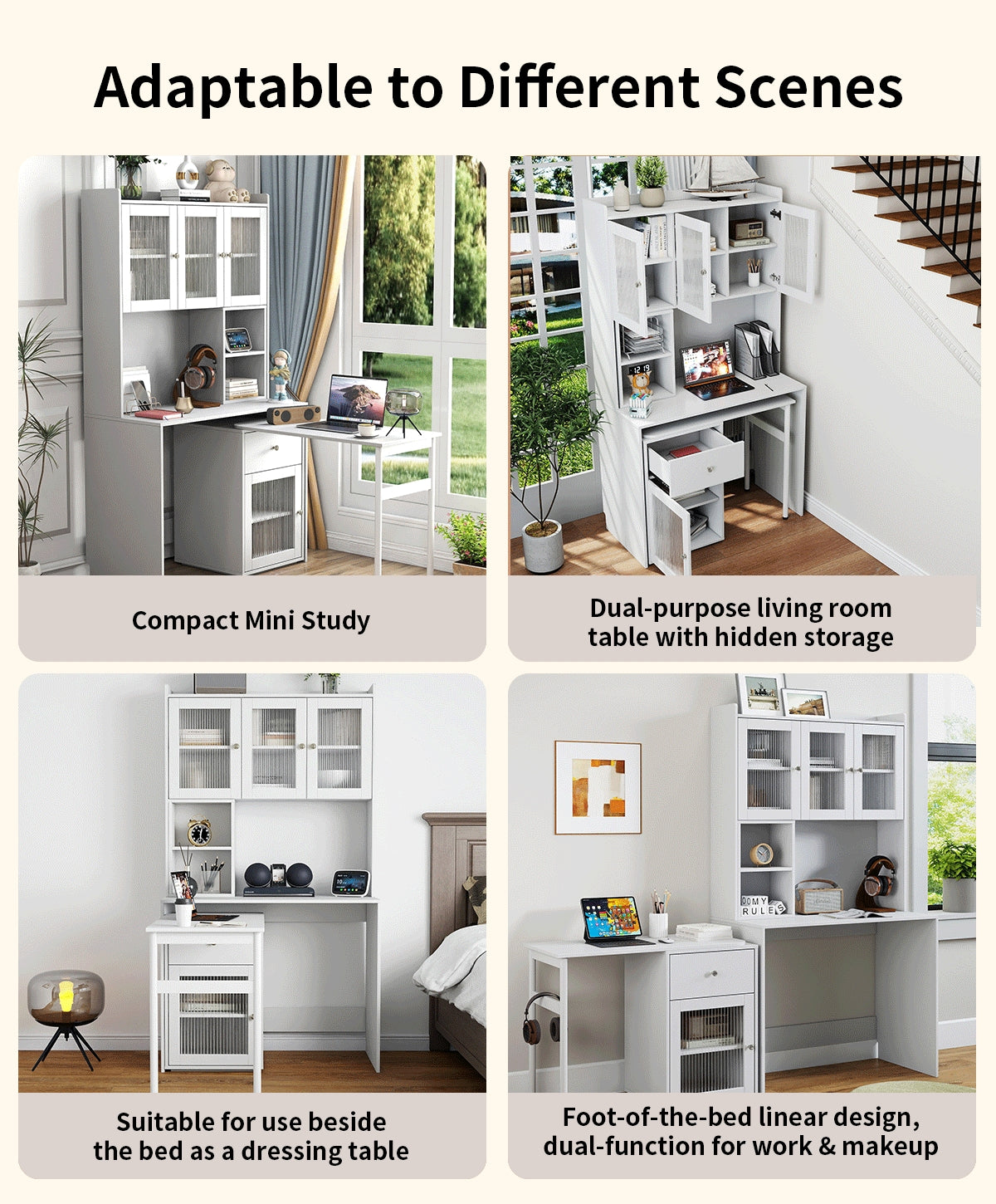 Computer Desk with Glass Door & Hutch - White, Rotating Desktop