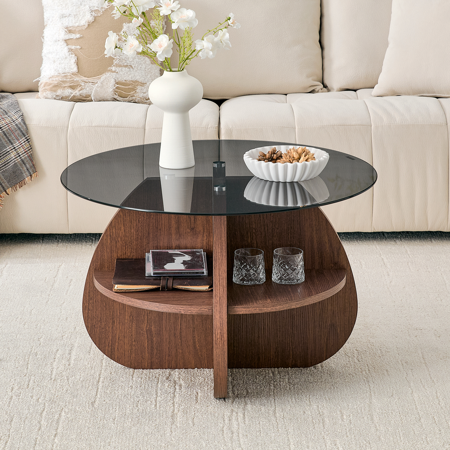 Round Coffee Table with Gray Tempered Glass Top & Walnut Storage