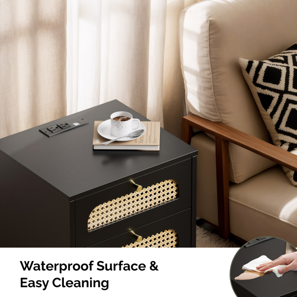 3-Drawer Nightstand with Rattan Fronts and Power Outlet - Black