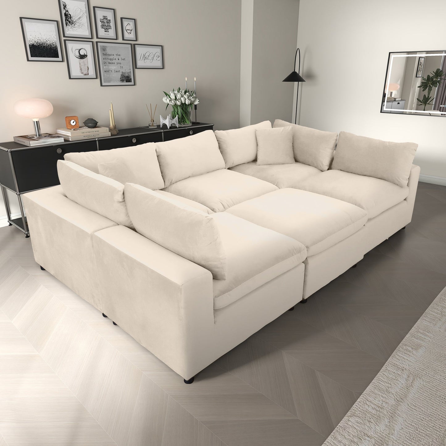 Ivory Velvet Modular Sectional Sofa - Seats 6