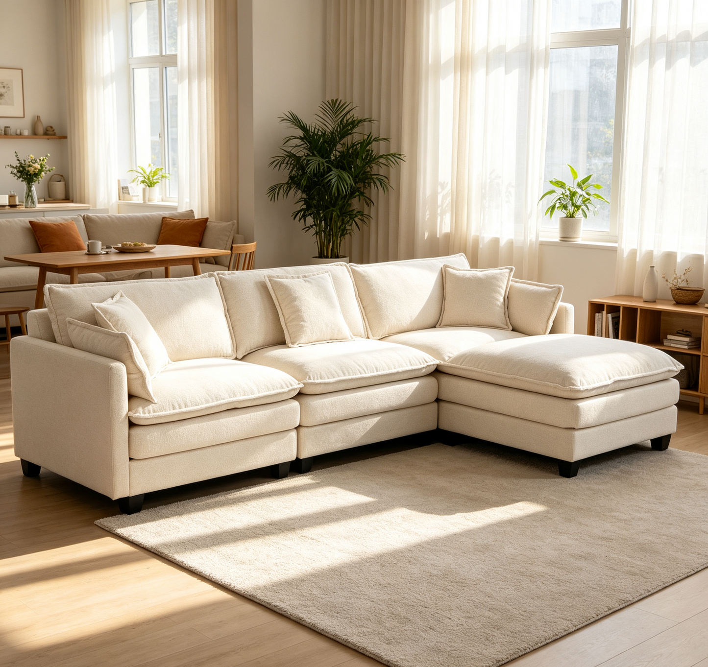 Modern 3-Seat Sectional Sofa with Ottoman - Antique White