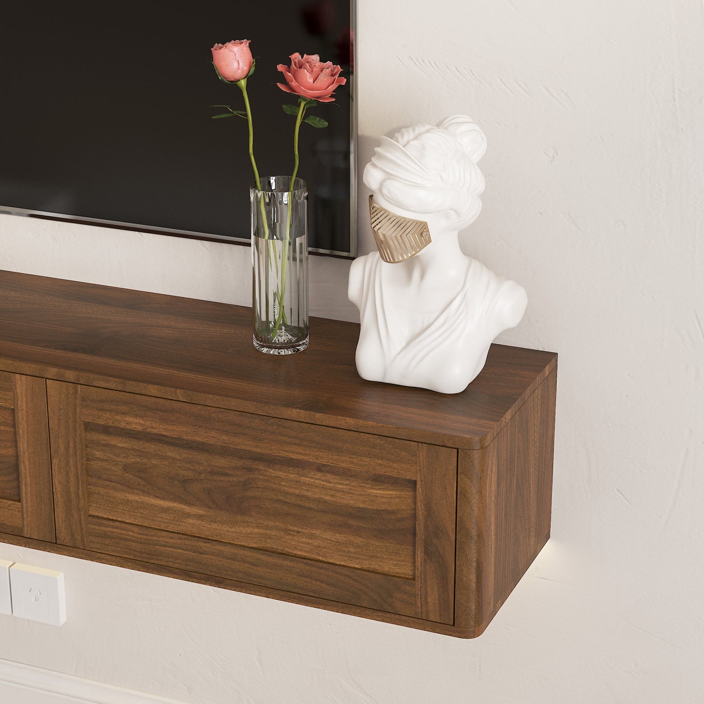 Floating TV Stand with LED Lights & Power Outlet - Wood Finish