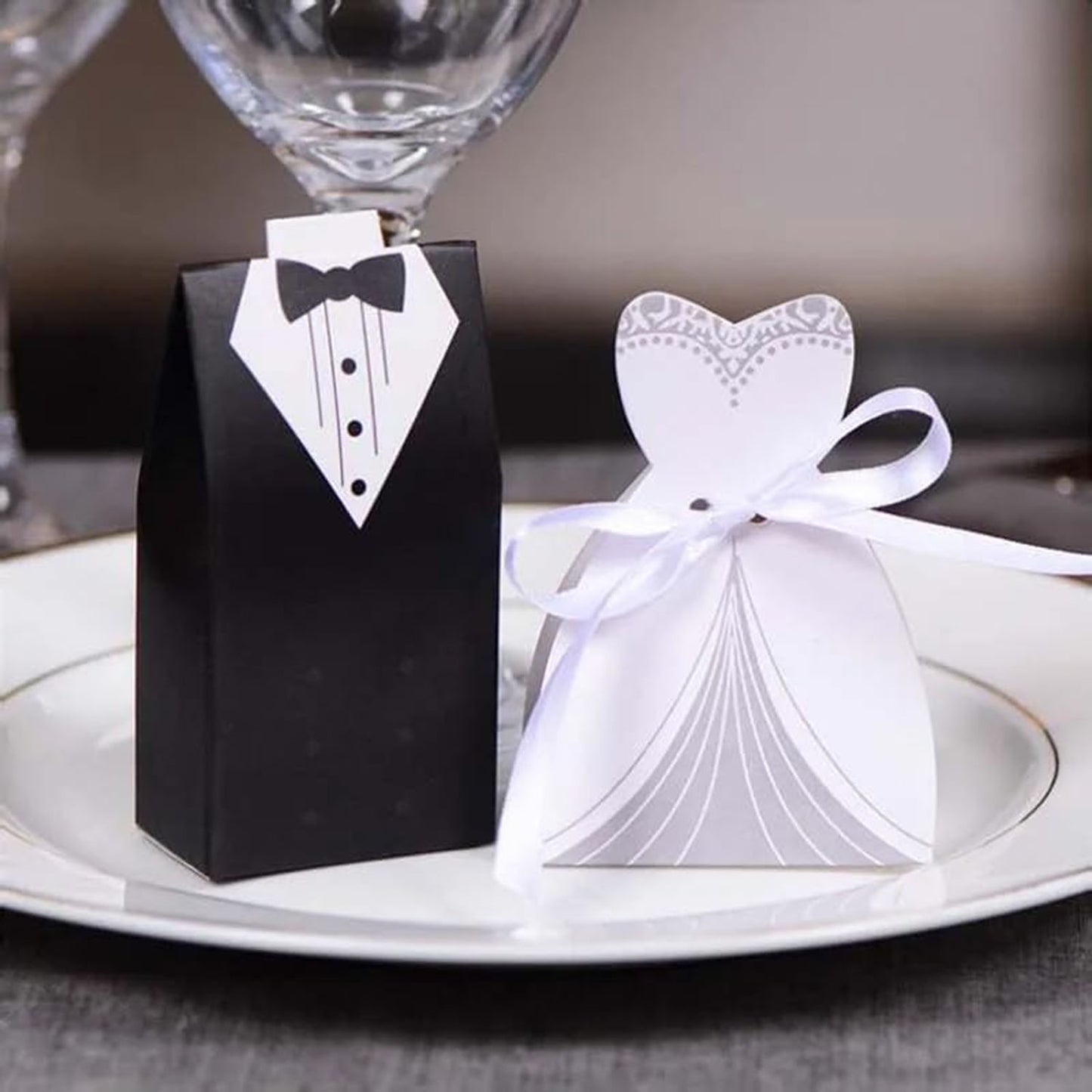 Wedding Tuxedo Gift Boxes with Ribbon - 100 Pcs Black & White
