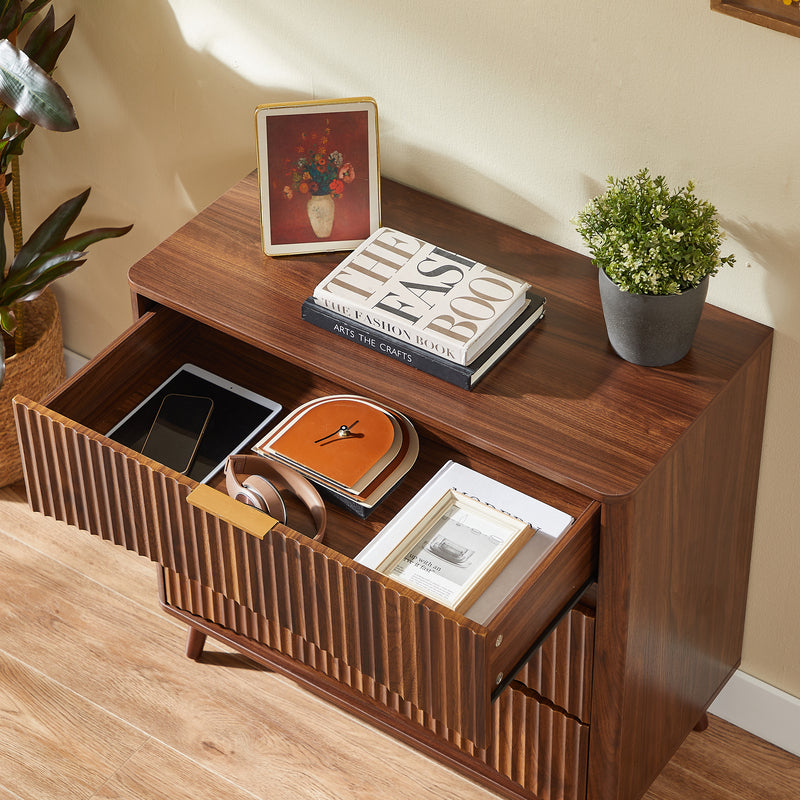 Mid-Century Modern 3-Drawer Dresser - Fluted Walnut Chest