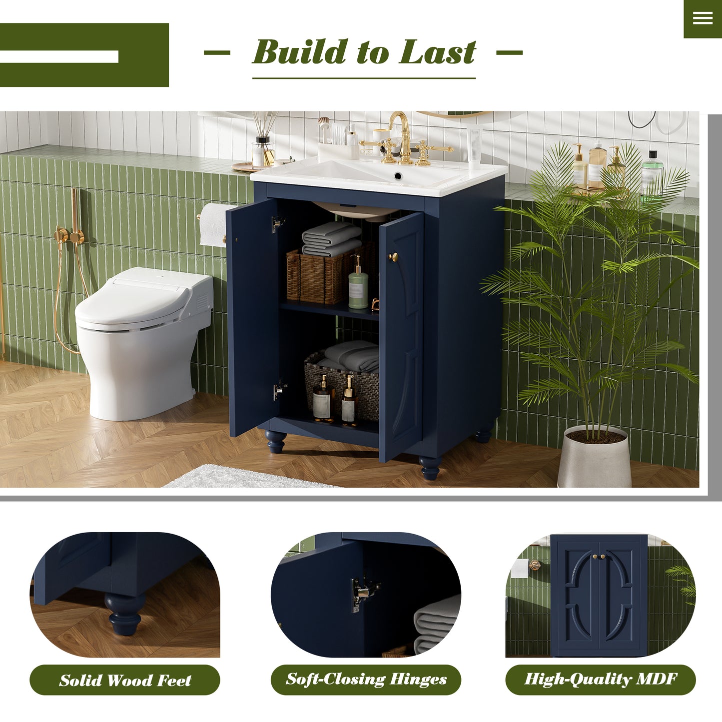 24" Blue Modern Bathroom Vanity with Ornate Design & Soft-Close Hinges