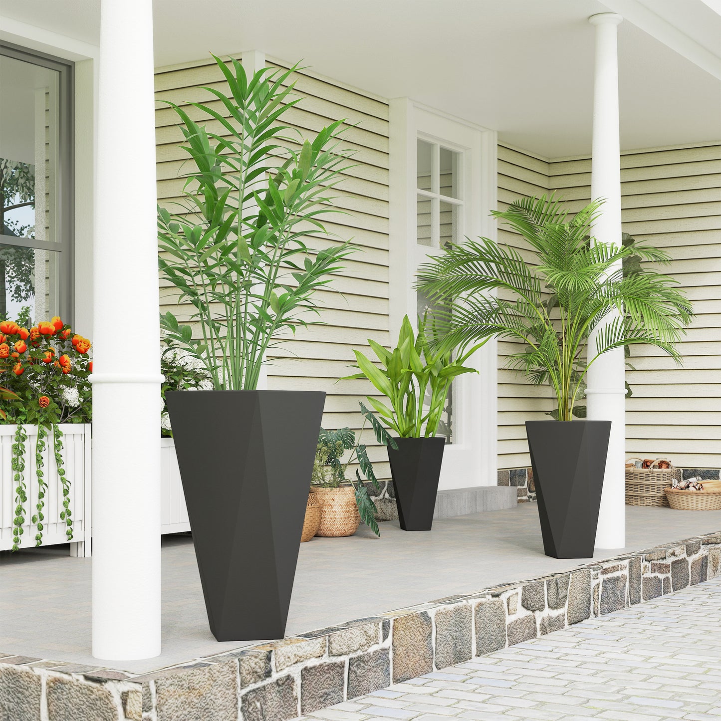 Set of 3 Tall Stackable Outdoor Garden Planters with Drainage Holes - Black