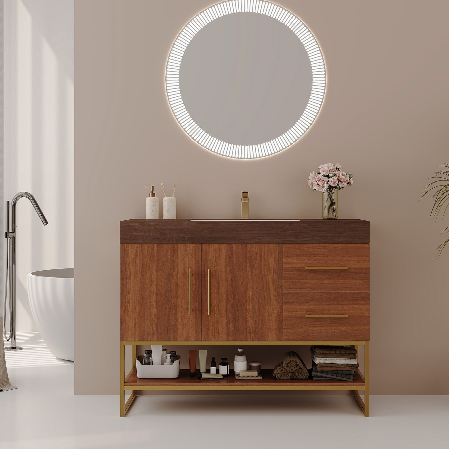 36" Modern Free-Standing Bathroom Vanity with Ceramic Sink & Stone Top - Gold, Walnut, White