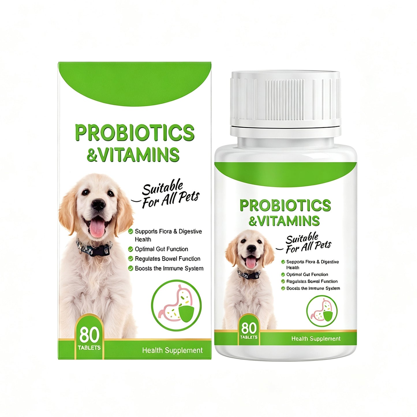 Pet Probiotics & Vitamin Tablets for Dogs & Cats - Gut & Immune Support, 80 Chewable Tablets