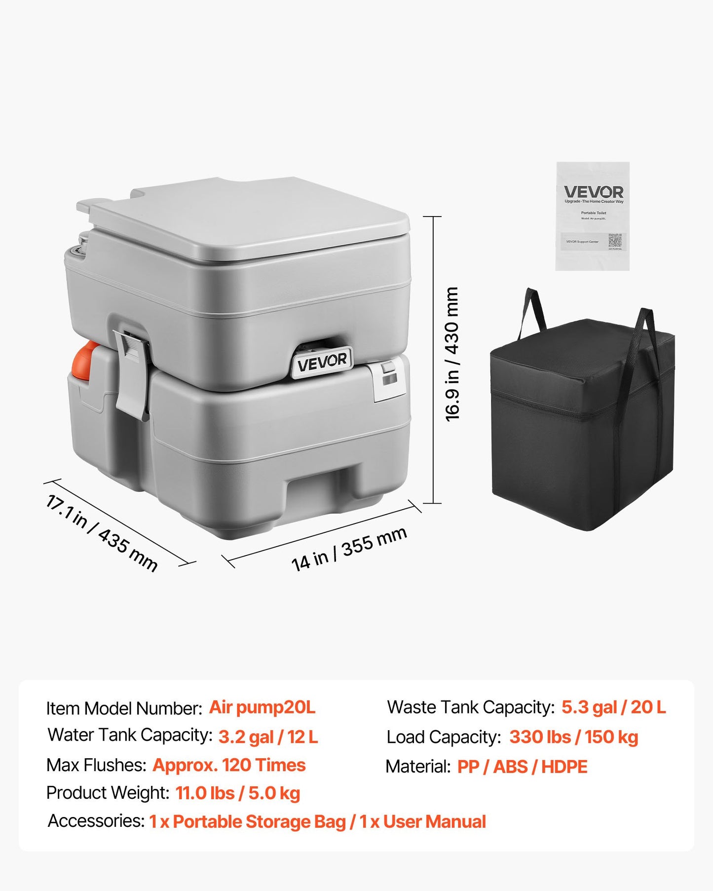 Portable Camping Toilet with Detachable Waste Tank and Flush - Black