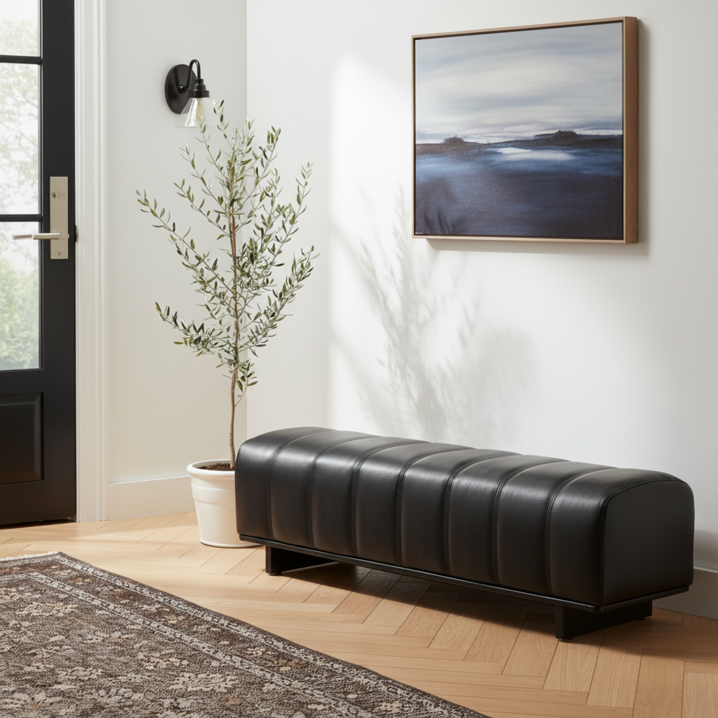 Indoor Dining Bench - Black PU Fabric with Rubber Wood Legs
