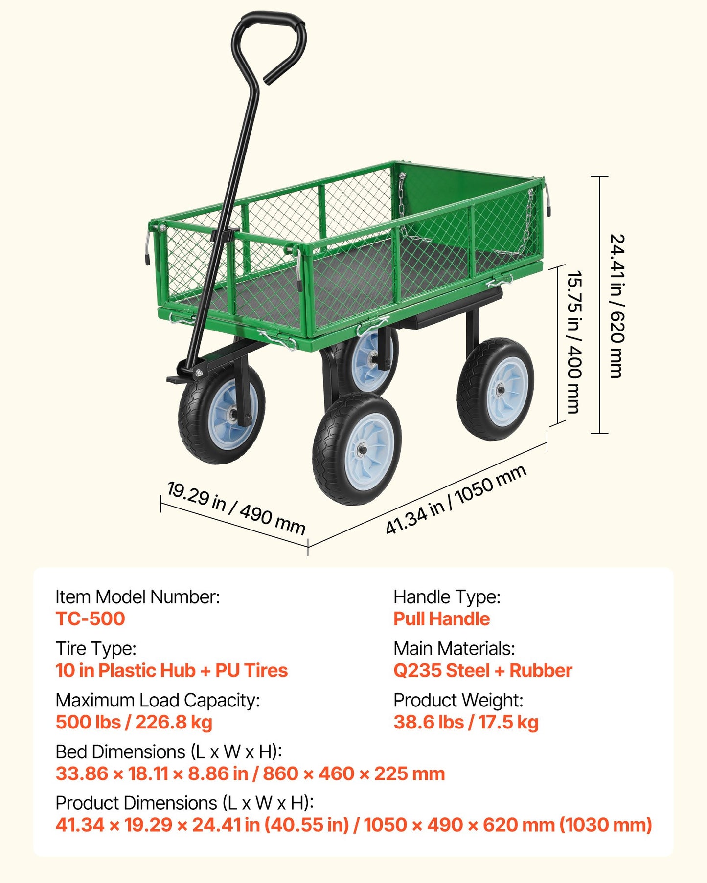 Heavy Duty Garden Cart with Seat & Tool Tray - 500 LBS Capacity, Rolling Steel Yard Wagon, Adjustable Handle, Black