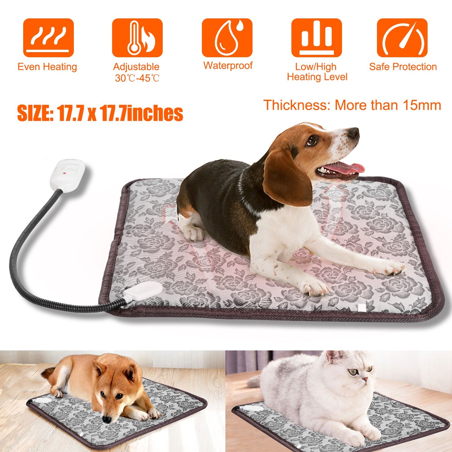 Pet Heating Pad Waterproof Adjustable Warming Blanket for Dogs & Cats - 45x45CM