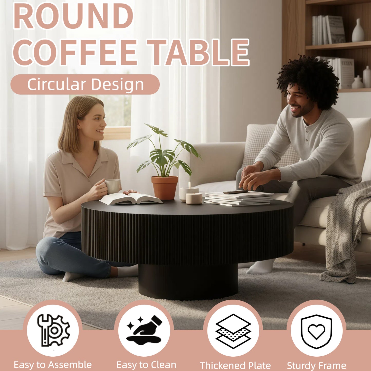 Round Coffee Table, Fluted Table With Sturdy Pedestal, Mid Century