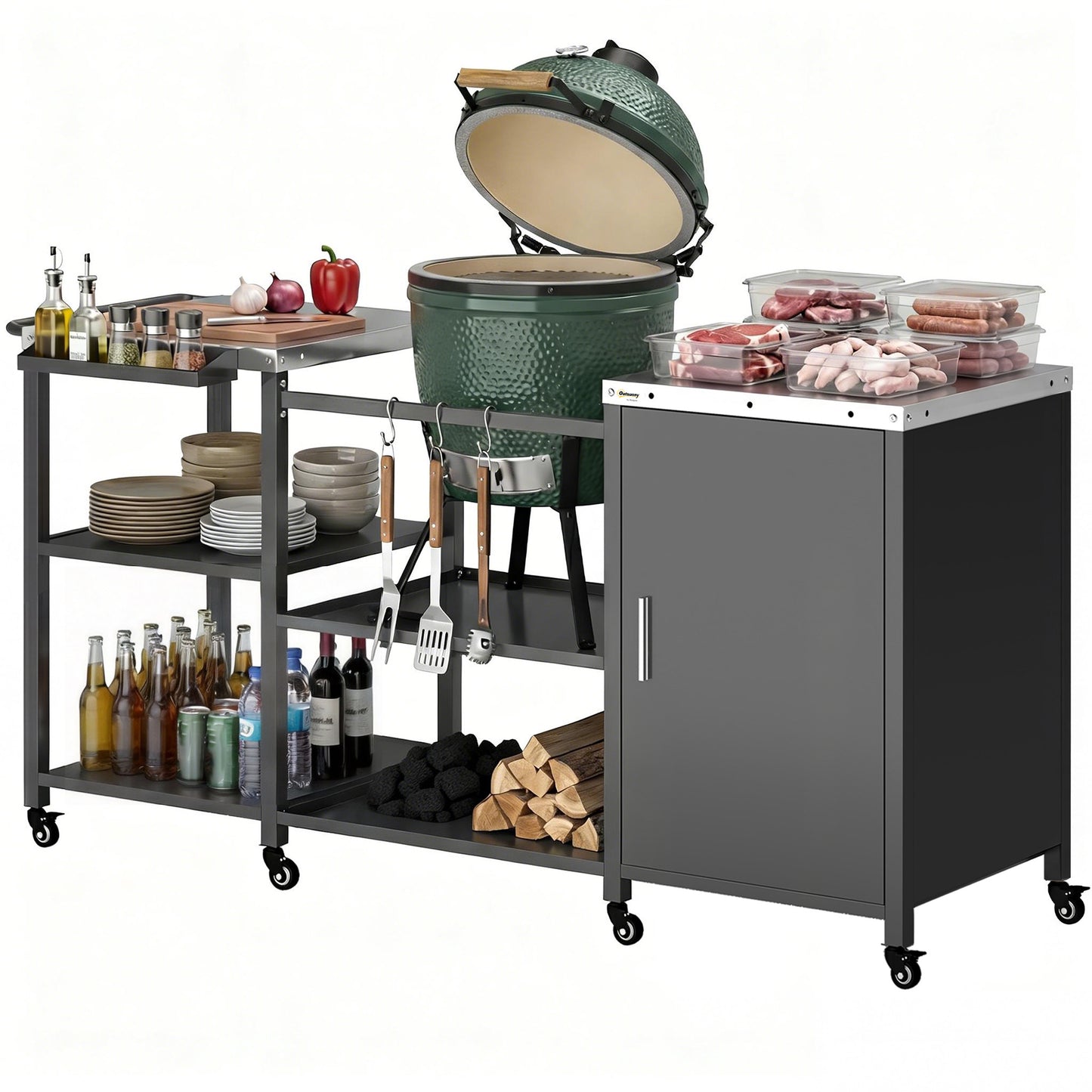 Heavy Duty Metal Grill Table with Stainless Steel Top - Black