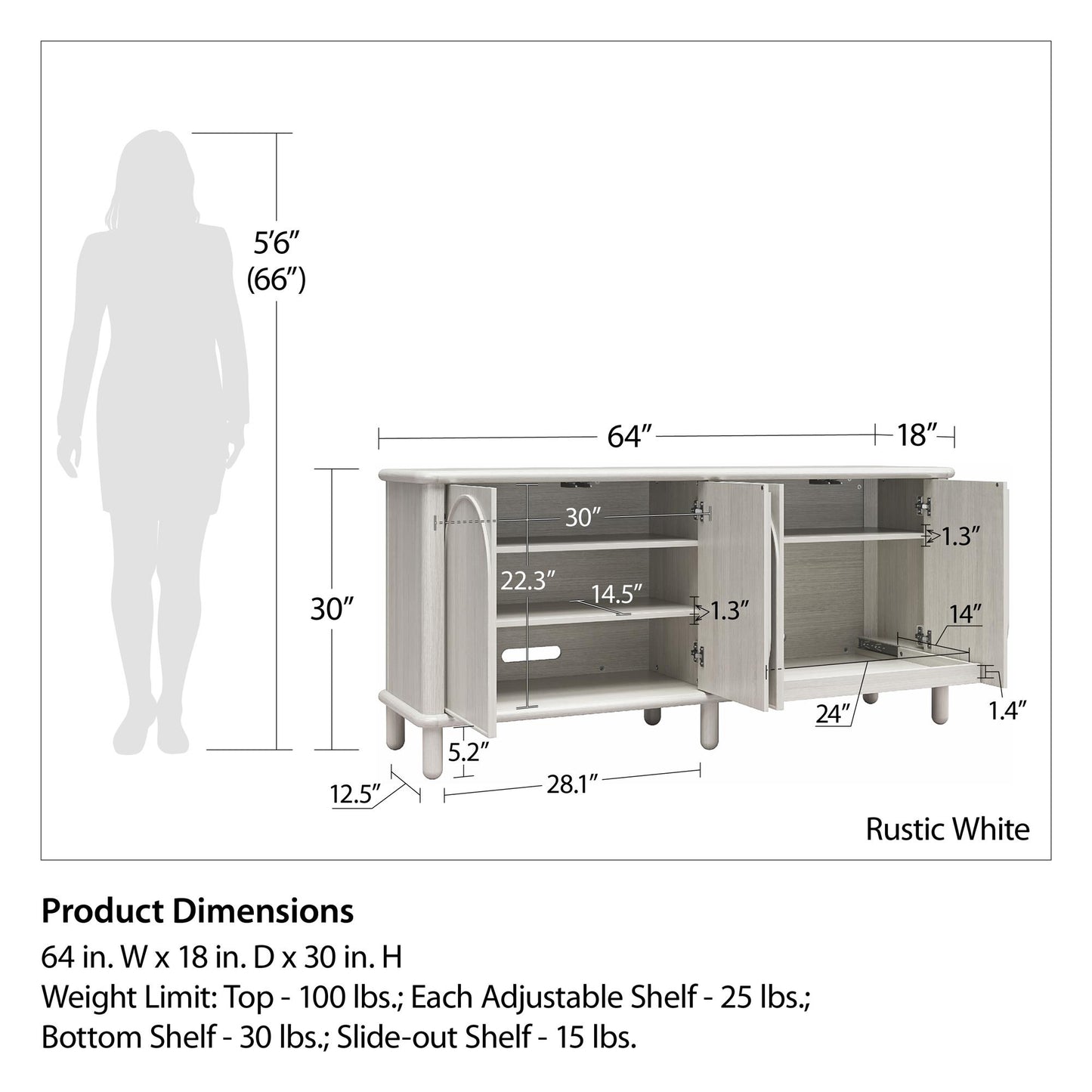 Rustic White Selena Credenza - Home Office Storage Unit