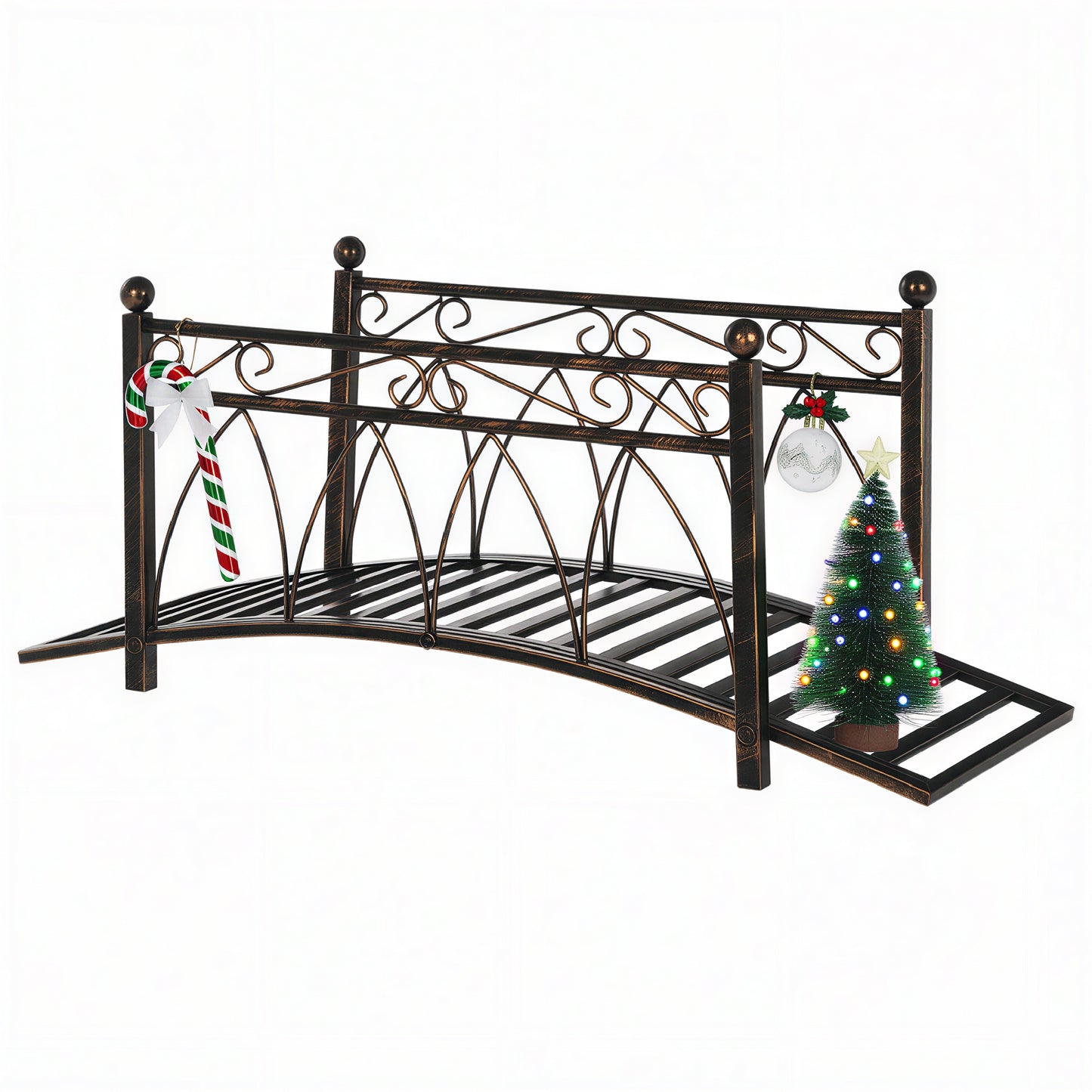 Metal Arch Garden Bridge with Safety Siderails - Bronze, 1110x160x460mm