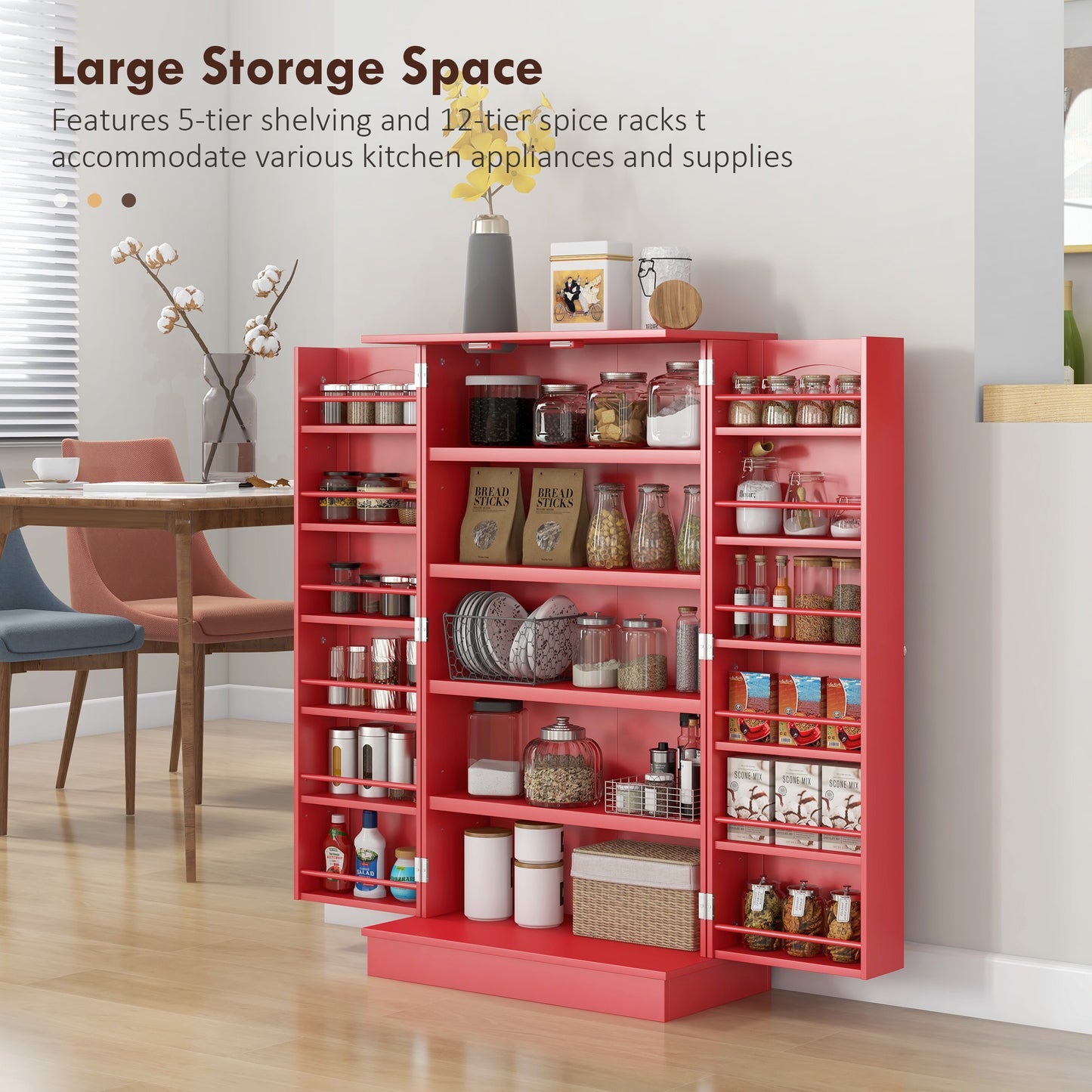 Large Kitchen Storage Cabinet with Double Doors & 5-Tier Shelving - Red