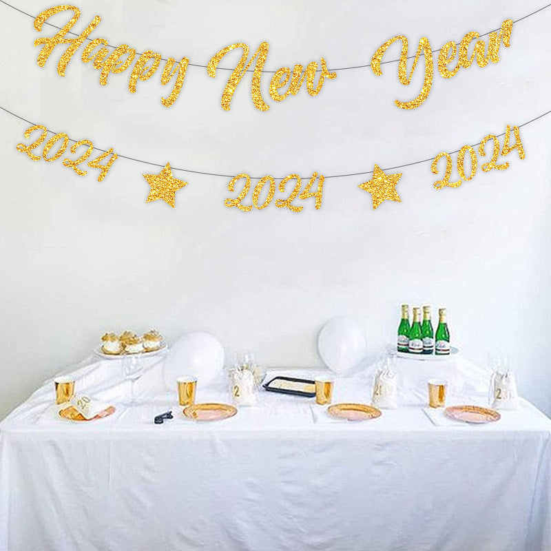 Gold Glitter Happy New Year Banner Hanging Flag Party Decoration