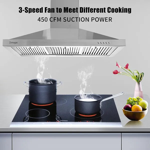 36 Inch Wall Mount Stainless Steel Range Hood with Ducted Ductless Conversion, 3-Speed Exhaust Fan, LED Light, Push Button Control, 3 Baffle Filters