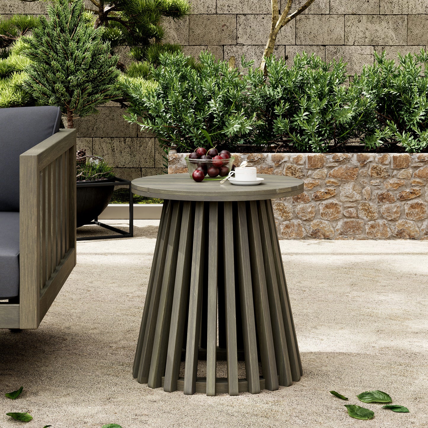 Outdoor Acacia Wood Patio Side Table, Round Coffee Table For
