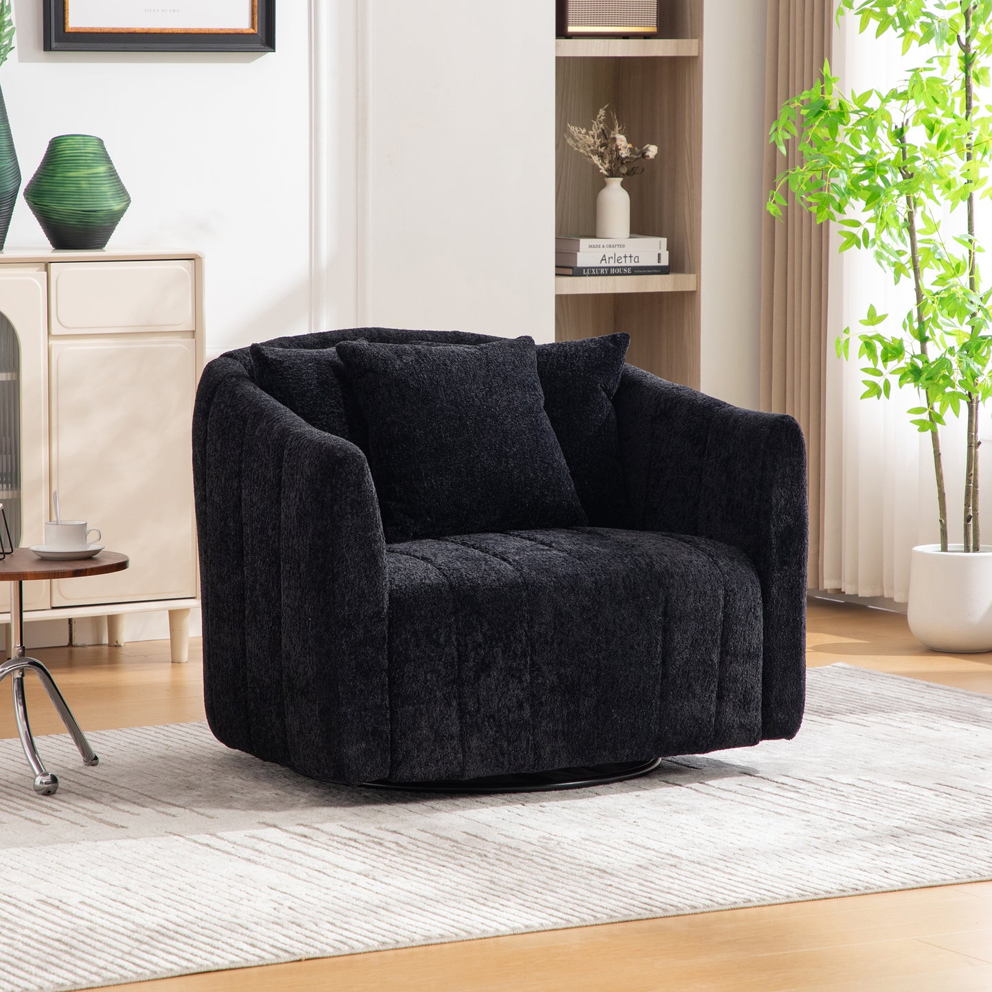 Oversized 360° Swivel Accent Barrel Chair with Pillows - Black