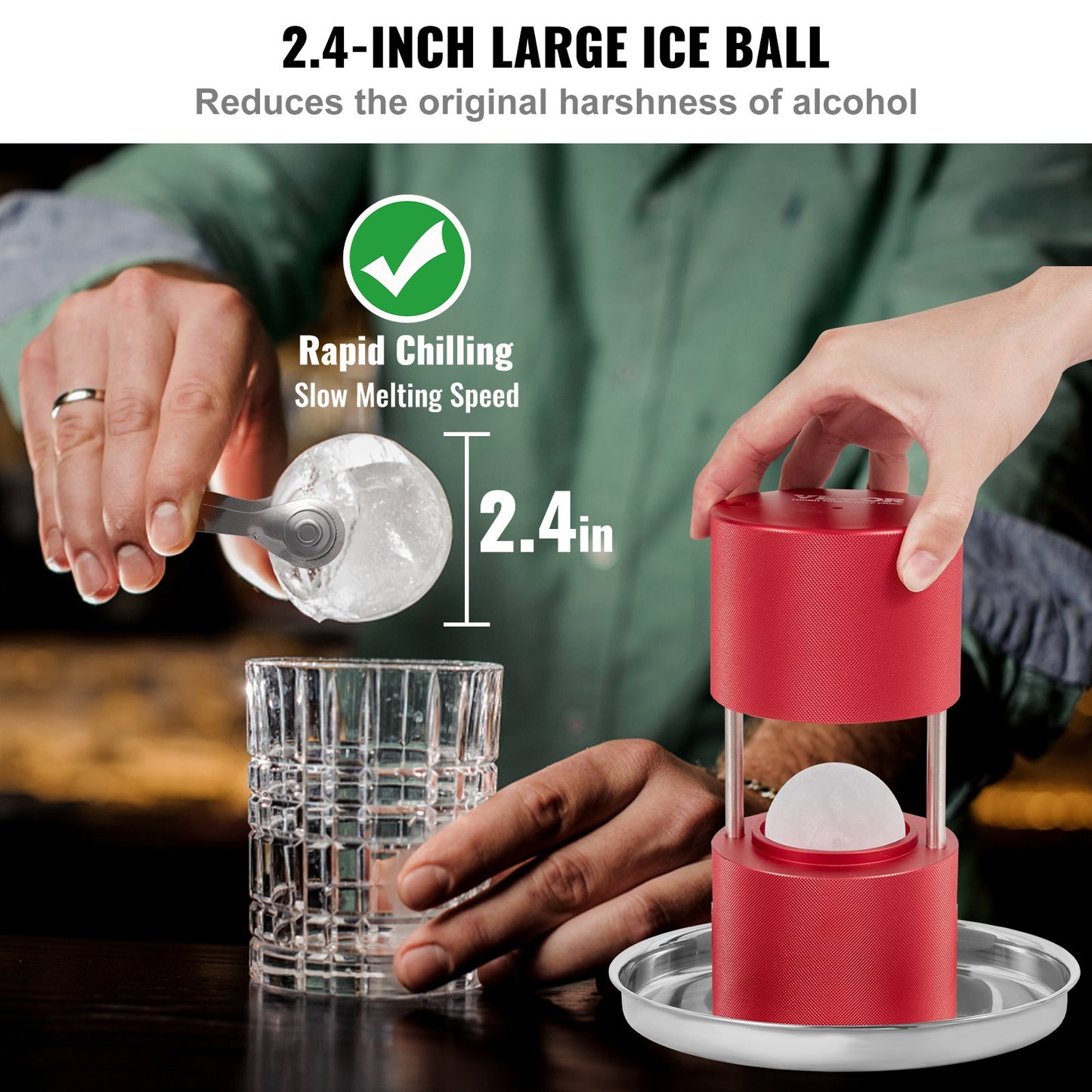 Ice Ball Press Kit - 2.4-Inch Whiskey Ice Maker with Drip Tray & Tongs - Red