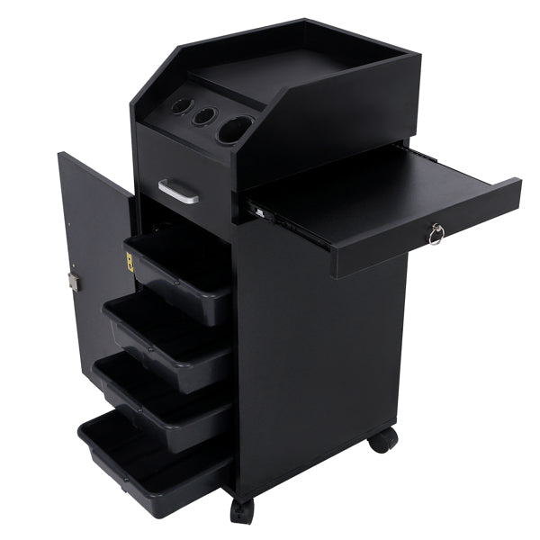 Black Hair Salon Tool Cart with 4 Drawers and Side Tray - Durable ABS & Particleboard