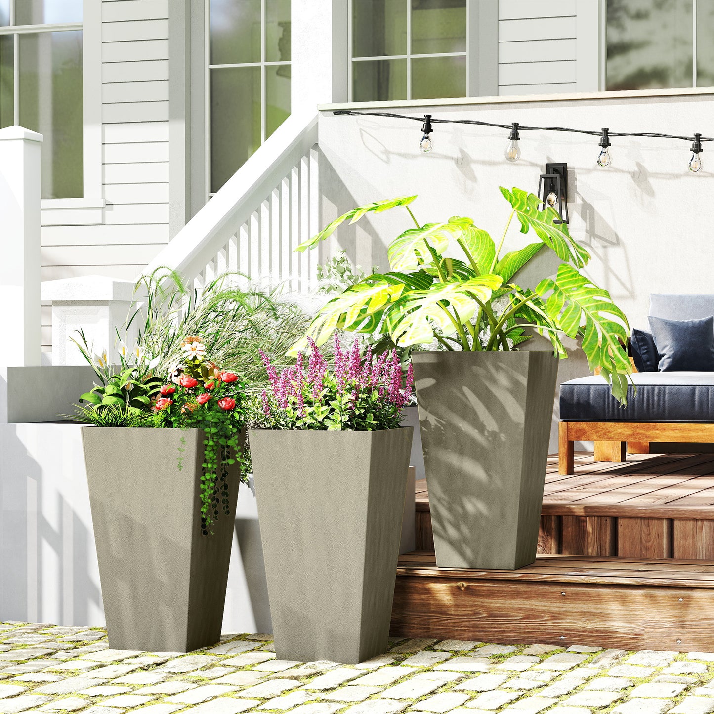 Outdoor Tall Plant Planters Set of 3 - 28 Inch Grey Tapered Pots with Drainage Holes