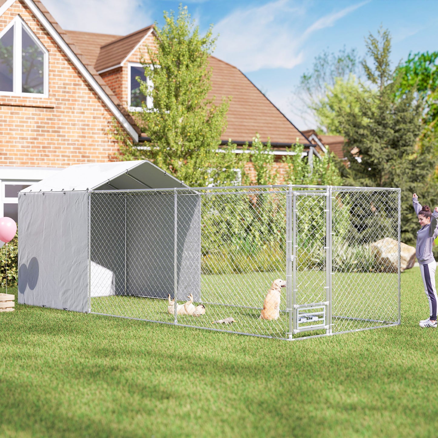 Outdoor Dog Kennel with Waterproof Cover for Medium to Large Dogs 19.7 x 7.5 ft