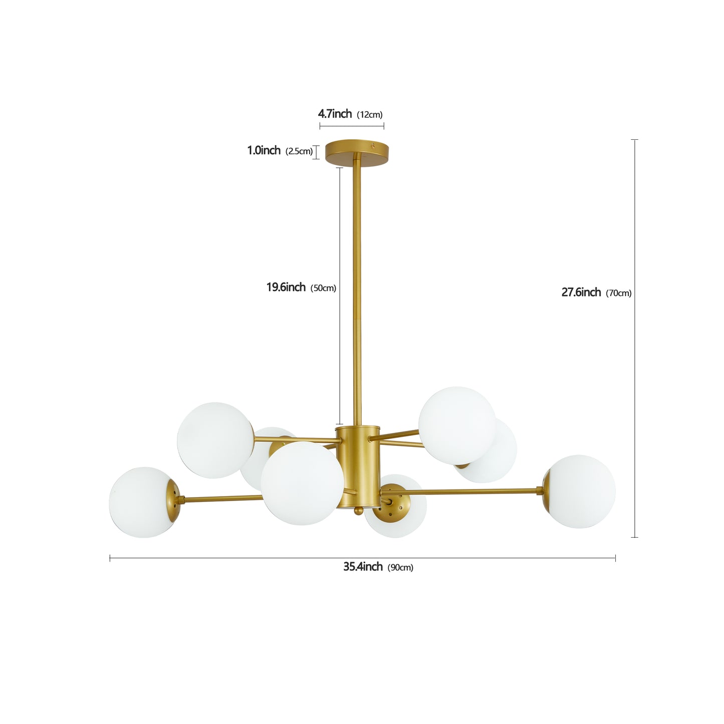 8-Light Gold Chandelier with White Glass Globe Shades - Modern Design