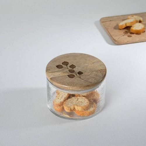Leafy Twig Glass Jar with Wooden Lid - 700 ml Storage Container