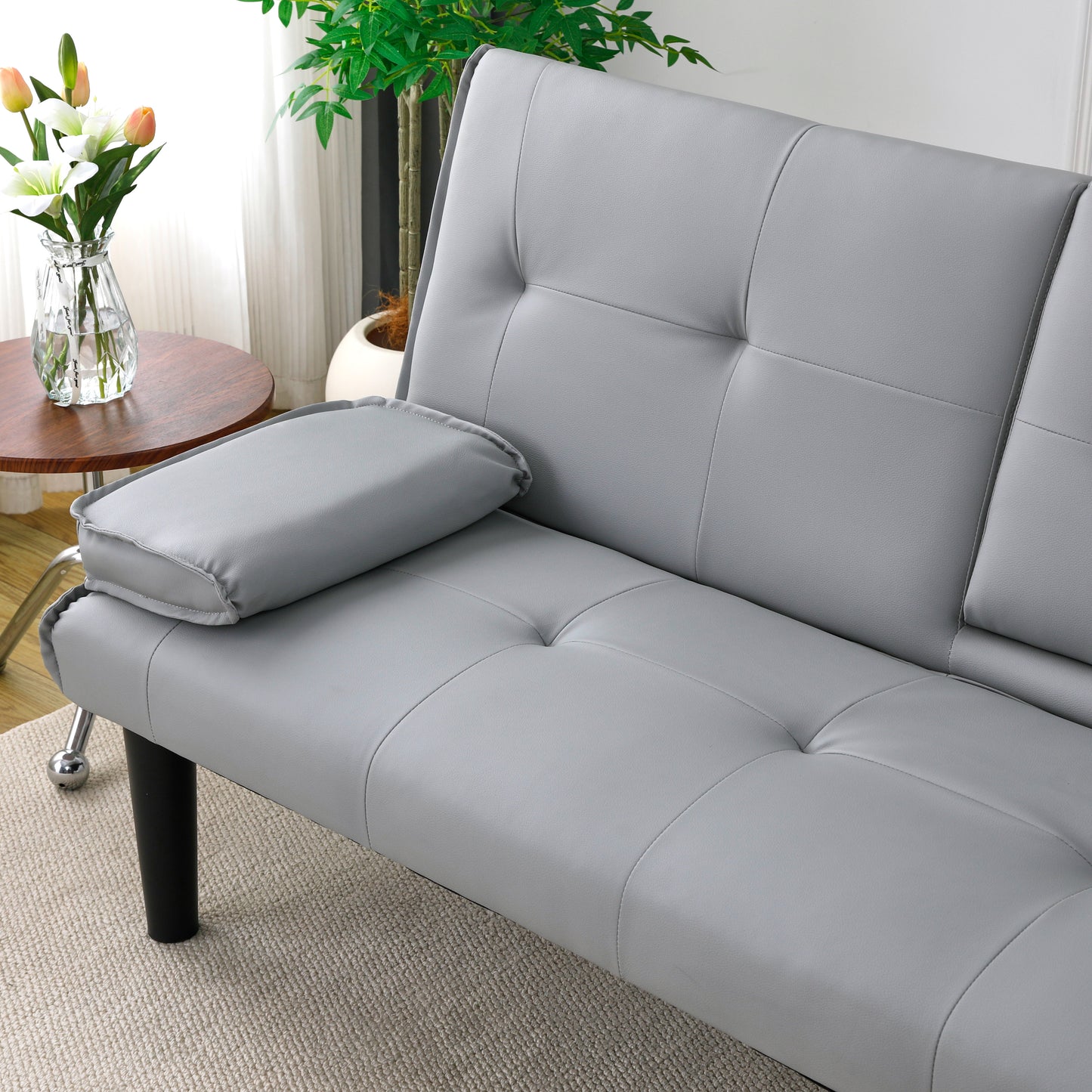 67-Inch Light Gray PVC Sofa Bed with Foldable Design & Cup Holder