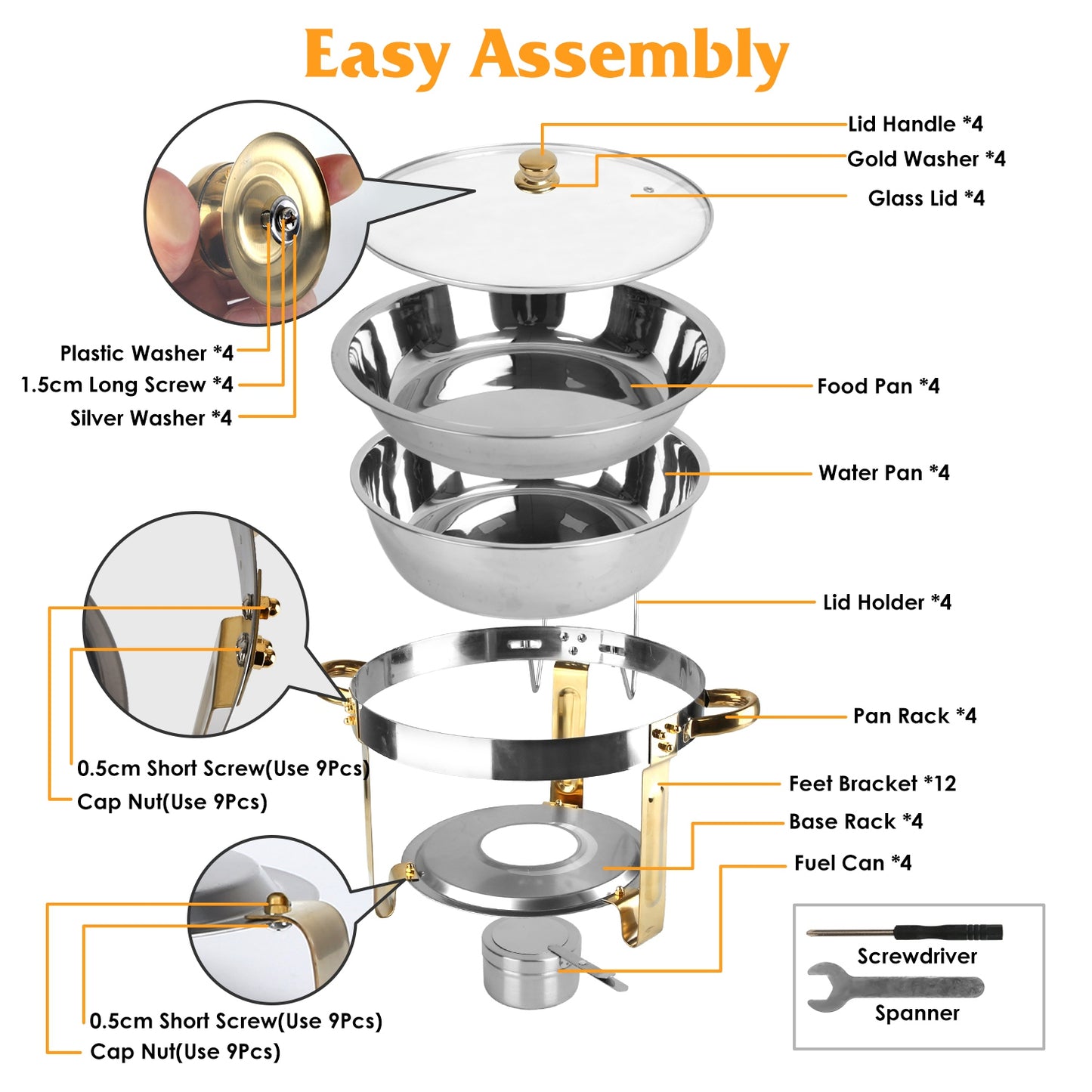 4-Piece Stainless Steel Chafing Dish Set - 4.76QT Round Buffet Servers
