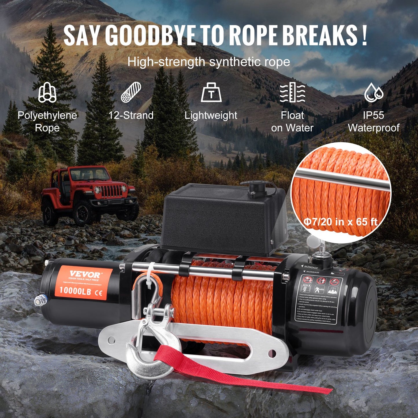 10,000Lb Electric Winch with Synthetic Rope for Off-Road Recovery Waterproof Remote