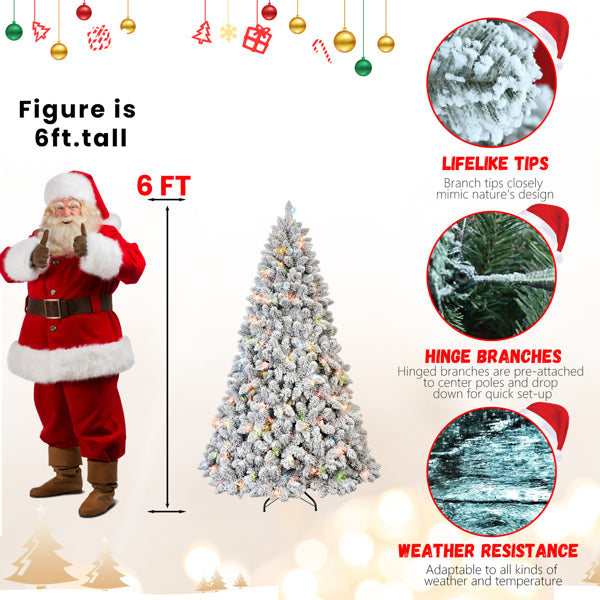 6ft Flocked Christmas Tree with 888 Branch Tips & LED Lights
