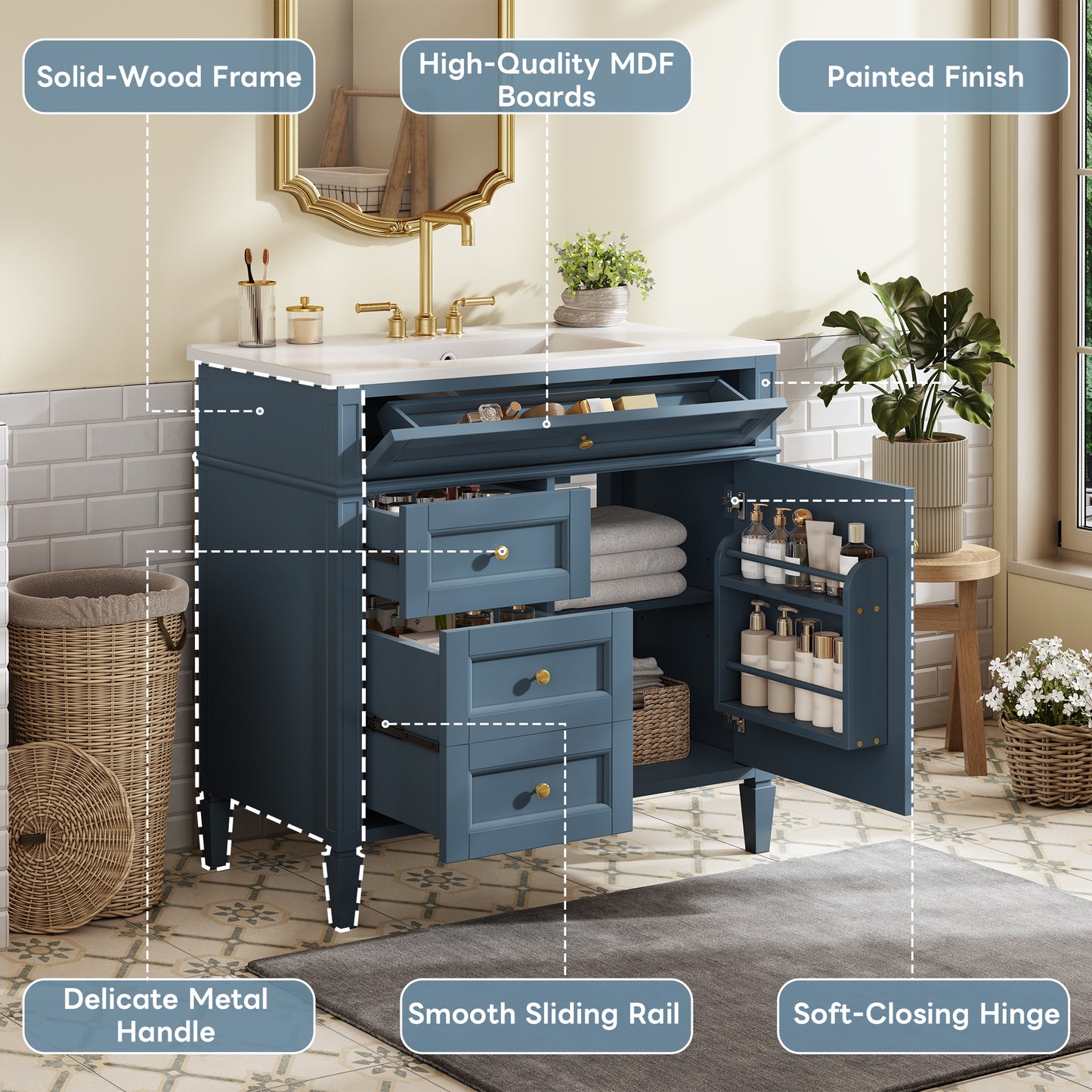 36-Inch Indigo Blue Modern Bathroom Vanity with Sink