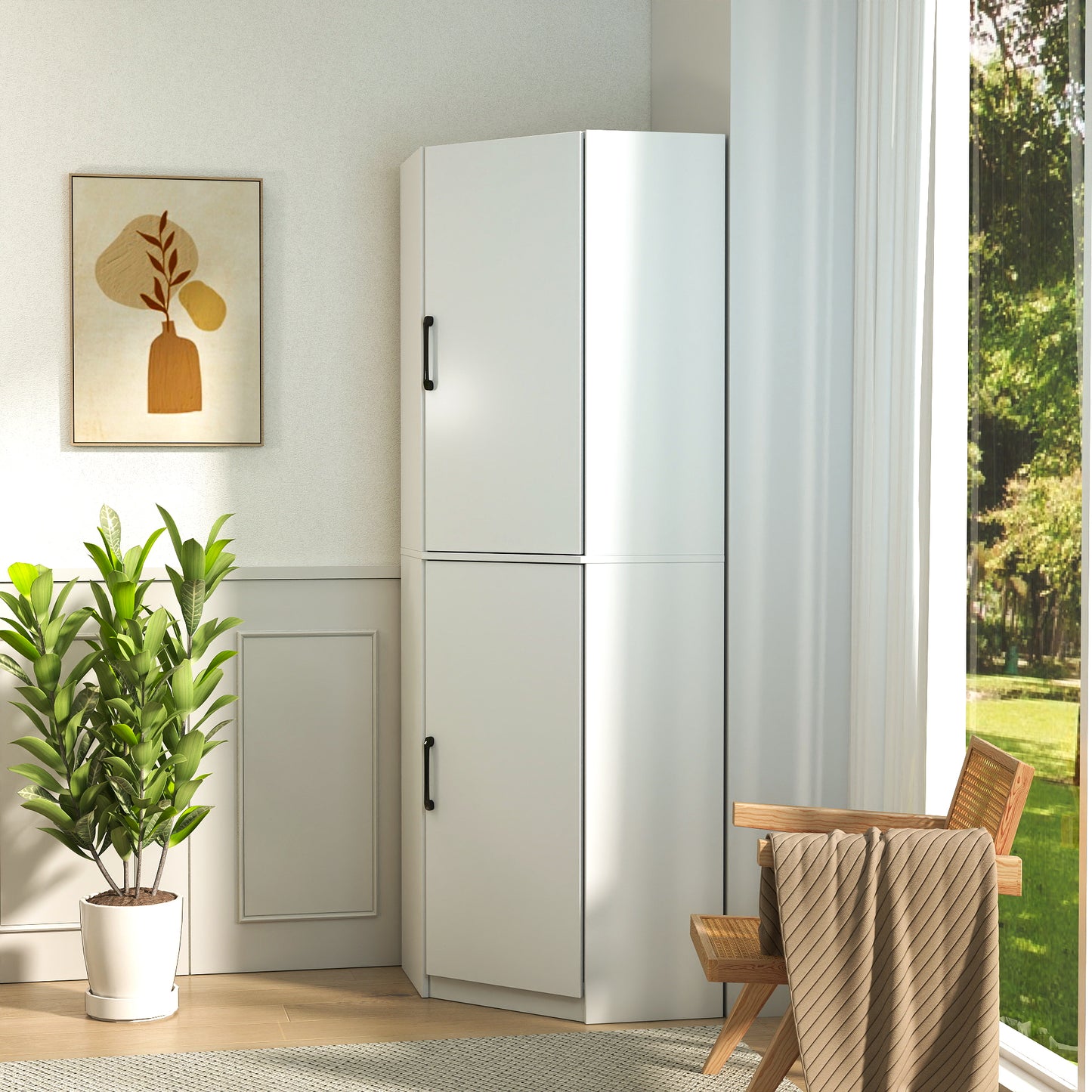 White Corner Kitchen Pantry Cabinet - 70.87" Tall L-Shaped Storage