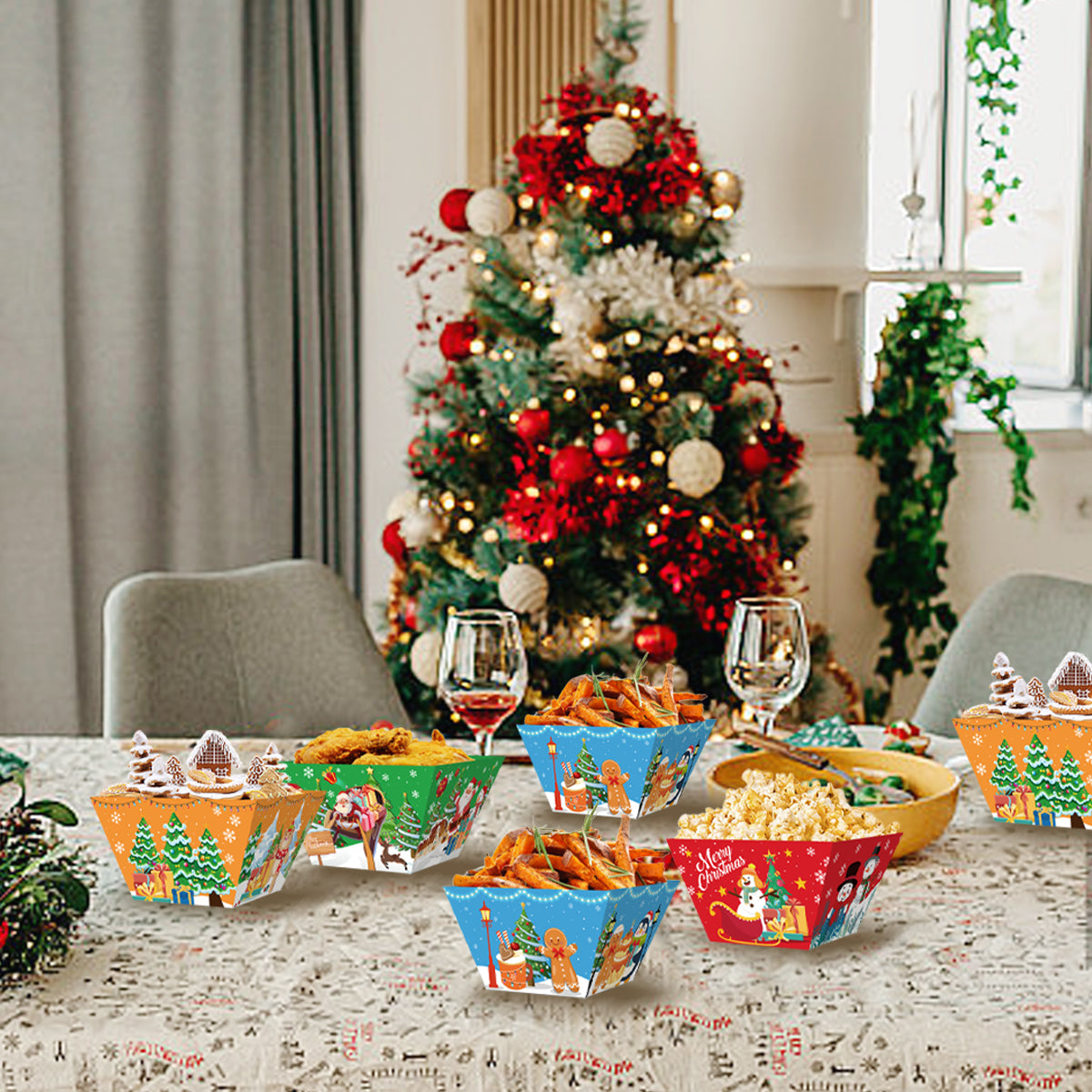 12-Pack Colorful Christmas Paper Food Trays - 18.5x10cm