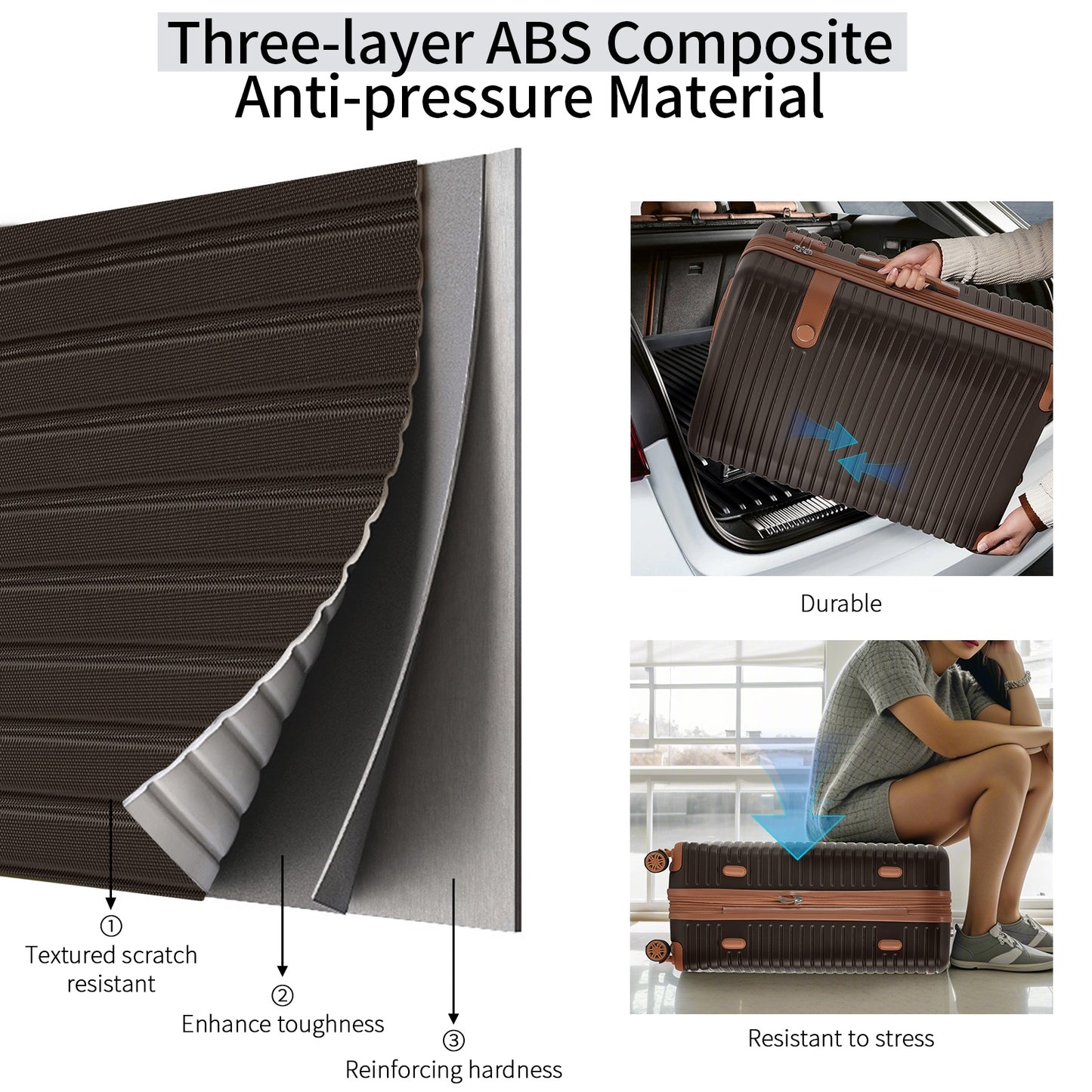 4 Piece ABS Hard Shell Luggage Set with Packing Cubes - Coffee