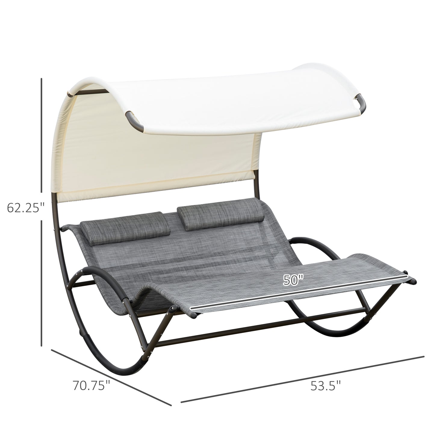 Outdoor Double Chaise Rocking Chair with Canopy and Pillow - Light Gray