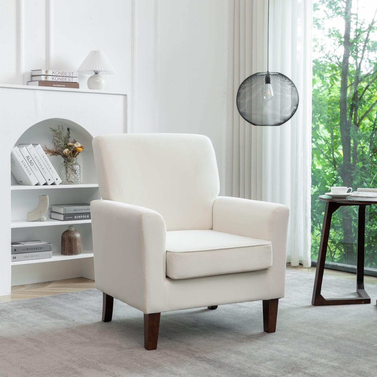 Patterned Polyester Blend Armchair, Solid Birch Wood Frame With Brown