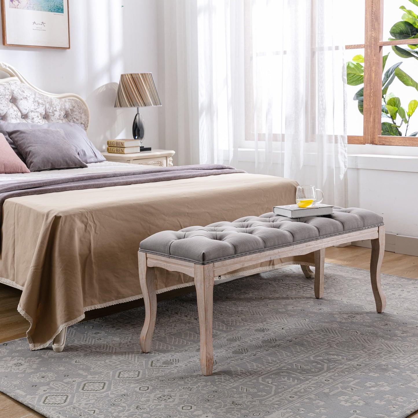 French Vintage Upholstered Bench - Grey Linen, 43.3"
